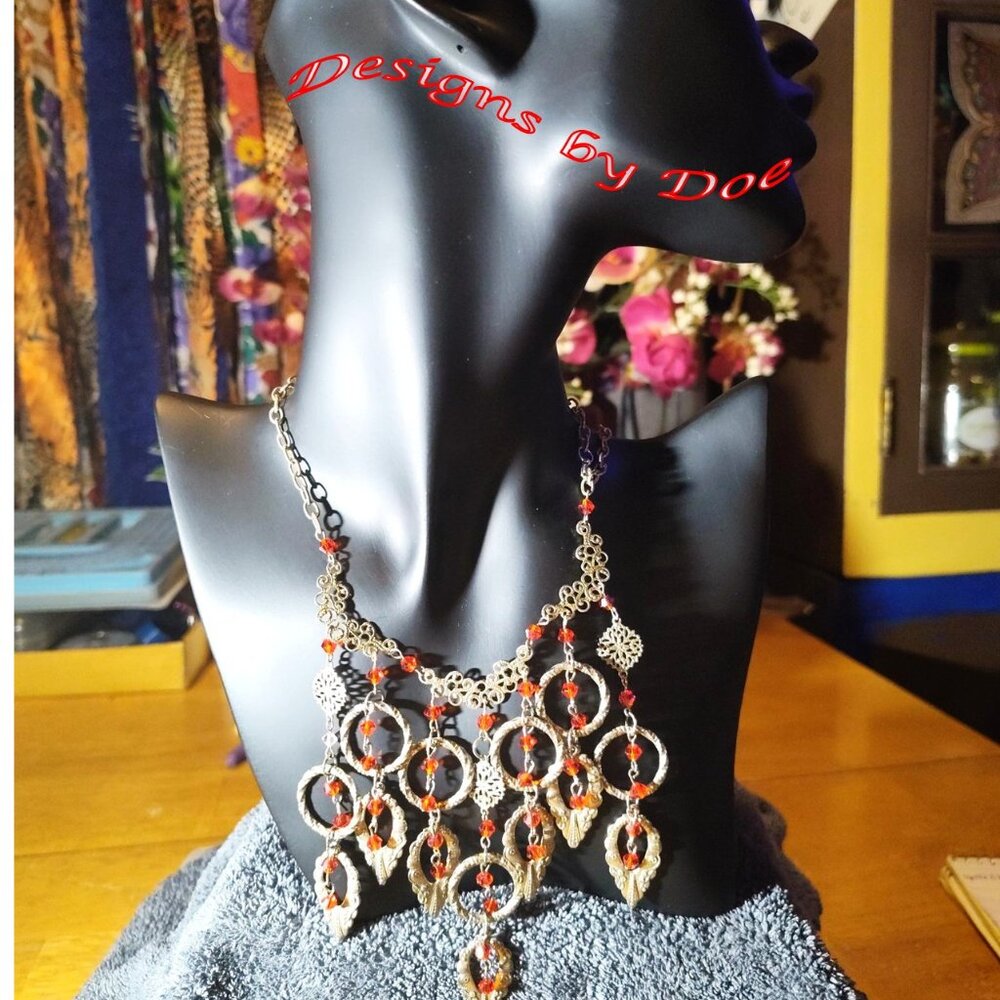 Very rare silvertone filigree red crystal upcycled bib necklace. SHIPS FREE
